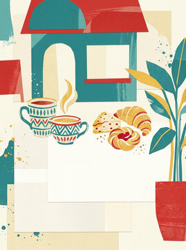 Cozy Bakery and Coffee Collage Illustration with Pastries, Hot Drinks, and Copy Space, Mid-Century Modern Papercut Style Background