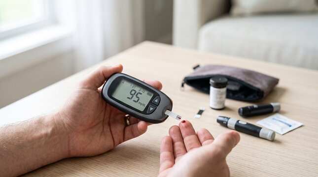 Man checking blood sugar levels with digital glucose meter at home for diabetes management monitoring health