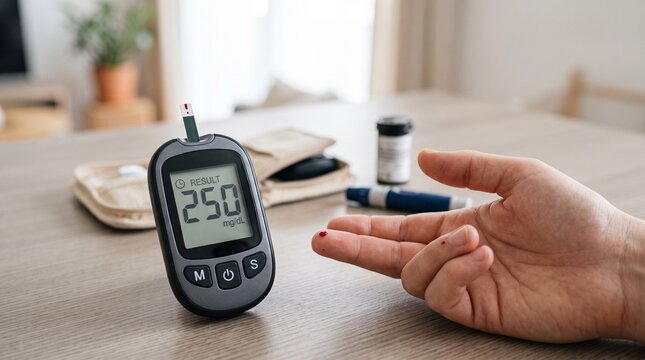 Close-up of a person checking their blood sugar levels with a glucose meter, indicating diabetes management and health monitoring