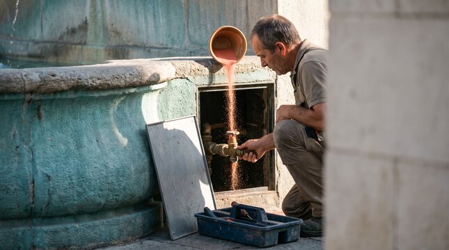 Technician calibrates dry sand flow beneath a turquoise fountain