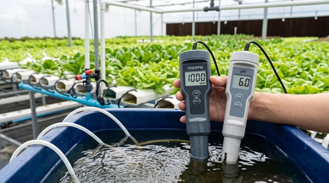 Precision farming Hand holds digital meters to monitor water quality for hydroponic lettuce thriving in a modern greenhouse, highlighting sustainable agriculture