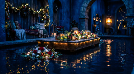 Fototapeta premium A vibrant nighttime celebration on the water with festive lights and joyful gatherings