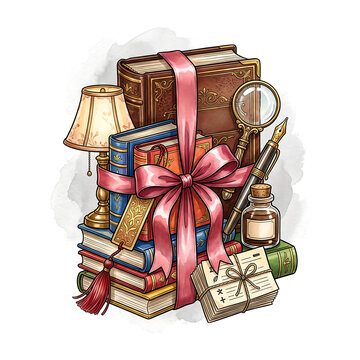 Ink-and-Watercolor Illustration of a Literacy Education Bundle with a Rose Ribbon