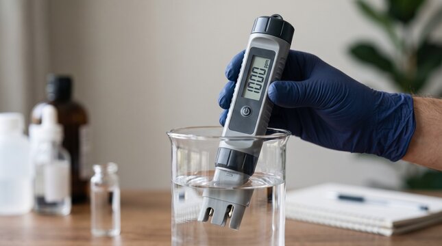 Scientist testing water quality using a digital electronic pH meter in a laboratory setting for environmental research