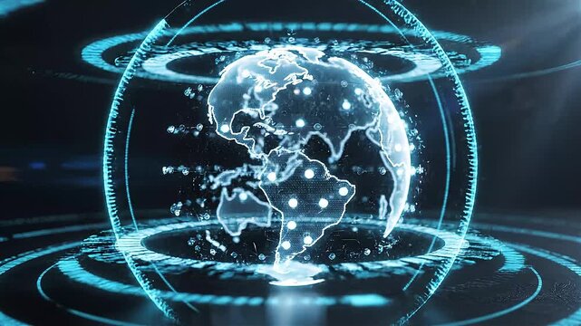 Blue digital earth globe with network connections and orbiting rings on a dark background.
