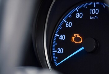 Fototapeta premium Orange check engine warning light glowing on modern car dashboard indicates vehicle malfunction, engine repair, maintenance, diagnostics, automotive service, and mechanical problems.