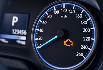 Fototapeta premium Orange check engine warning light glowing on modern car dashboard indicates vehicle malfunction, engine repair, maintenance, diagnostics, automotive service, and mechanical problems.