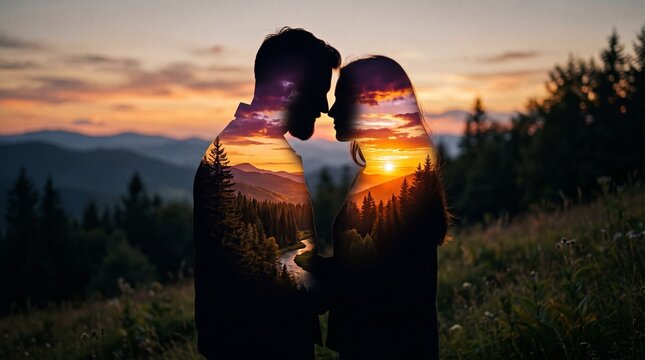 Double exposure silhouette of romantic couple, mountain sunset landscape within man and woman, artistic nature concept for love and connection isolated PNG with Transparent Background