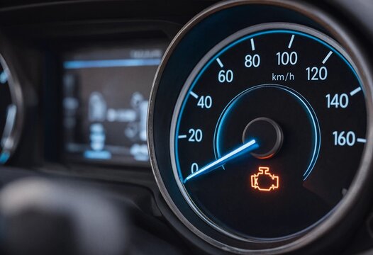 Orange check engine warning light glowing on modern car dashboard indicates vehicle malfunction, engine repair, maintenance, diagnostics, automotive service, and mechanical problems.
