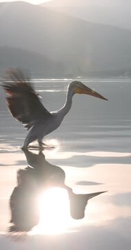 Beautiful Dalmatian pelican flying at the sunset with blue sky at the background