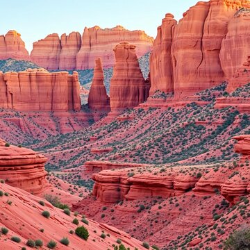 Red rock formations rise dramatically from the landscape, scenic views, Nord-Corse