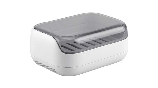 Modern white soap dish with transparent lid, plastic bathroom soap box with drainage tray, minimalist travel soap container