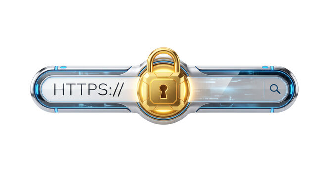 Secure HTTPS browser address bar with central gold padlock representing encrypted website connection and online security isolated on transparent background for branding presentations and design