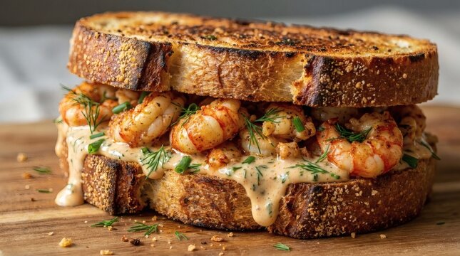 Close-up of a gourmet shrimp sandwich with toasted artisanal bread, creamy sauce, fresh dill, and chives, served on a rustic wooden board.