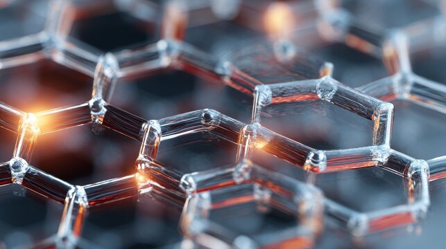 Macro image of a crystalline structure with hexagonal shapes and glowing internal nodes, reflecting light