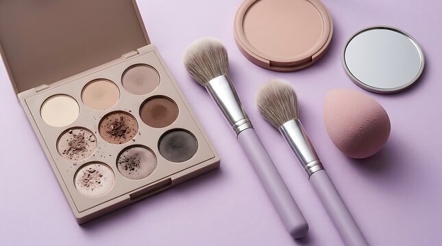Makeup eyeshadow palette with brushes and pink powder sponge for beauty routine on a gray surface. beginner makeup tips