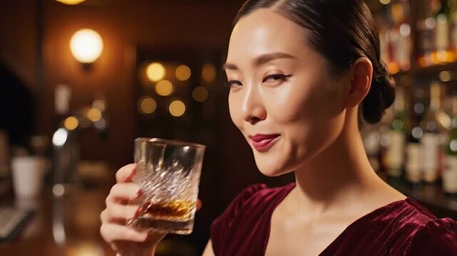 Asian Woman Sipping Whiskey in Slow Motion at Upscale Bar