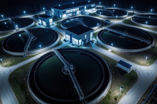 Night aerial drone shot of circular water purification pools in modern wastewater treatment facility. Industrial plant cleans sewage using advanced filtration technology for cleaner environment,