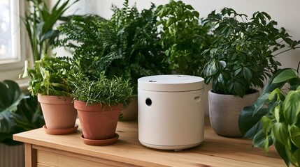 Fototapeta premium A white cylindrical composter sits on a wooden table surrounded by various potted green plants