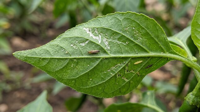 Thrips or pest insect on a green pepper plant leaf showing damage in a garden