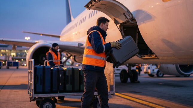 Ramp agent loads travel cases during morning turnaround