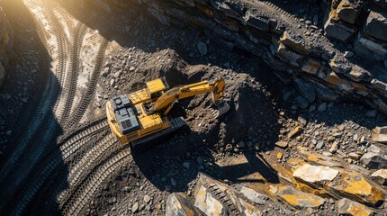 Naklejka premium Yellow excavator operates in open pit mine. Heavy machinery digs earth and rocks, creating tire tracks on barren ground. Aerial drone shot shows industrial excavation site.