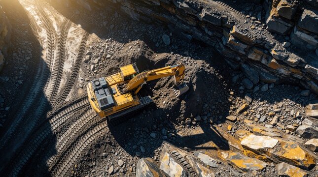 Yellow excavator operates in open pit mine. Heavy machinery digs earth and rocks, creating tire tracks on barren ground. Aerial drone shot shows industrial excavation site.