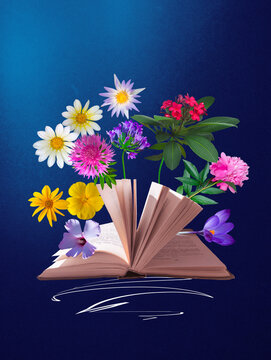 Flowers, open books over abstract background. Contemporary art collage. Concept of education, reading, knowledge