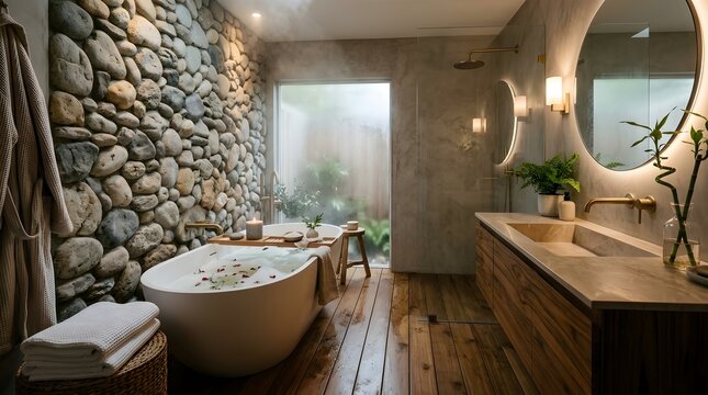 Zen bathroom design featuring natural river stone walls with standalone soaking tub and wood flooring for spa calm.