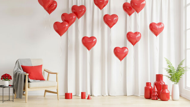 Cozy living room corner decorated with heart balloons red vases and floral arrangements for romantic ambiance