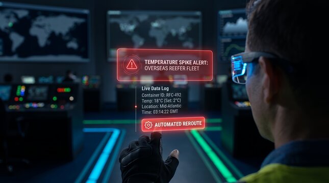 First Person AR View of Reefer Container Temperature Alert Notification in Control Room