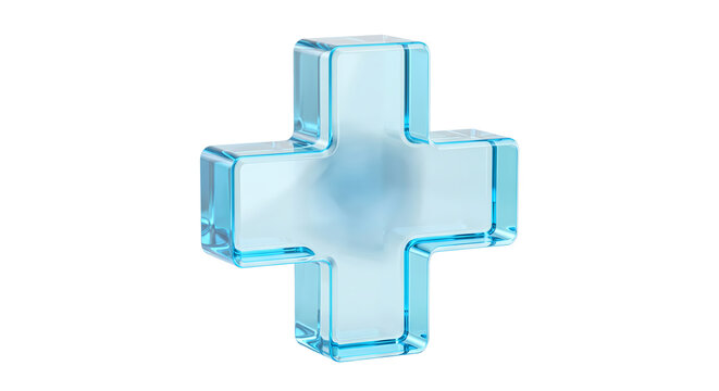 Transparent cyan glass medical plus cross symbol with polished edges, isolated PNG on transparent background for healthcare, medicine, first aid, hospital and medical interface concepts, IT use