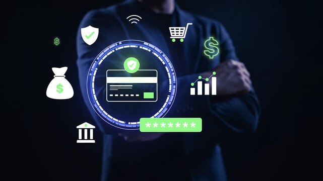 Secure online payment concept showing a businessman authenticating a digital credit card transaction, highlighting fintech innovation, financial security, encryption, and global ecommerce trends
