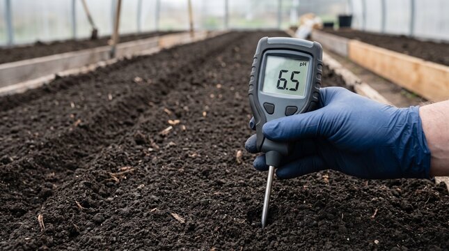 Professional digital soil pH tester measurement in organic greenhouse garden bed for plant health