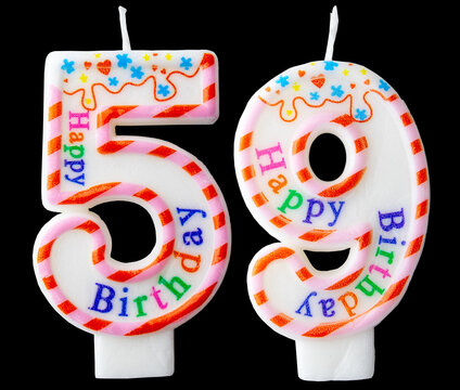 Number fifty nine shaped birthday candle with colorful sprinkles and Happy Birthday text isolated on a black background