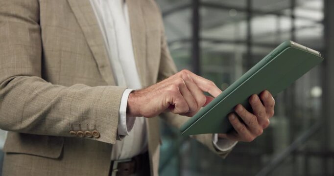 Tablet, hands and man in workplace for business, investment portfolio or risk assessment at night. Overtime, corporate and person with tech in office, private equity and scroll financial email