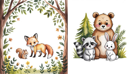 Naklejka premium Close-up of a detailed watercolor illustration of a red squirrel perched on a tree branch surrounded by blooming flowers and green foliage