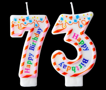 Number seventy three shaped birthday candle with colorful sprinkles and Happy Birthday text isolated on a black background