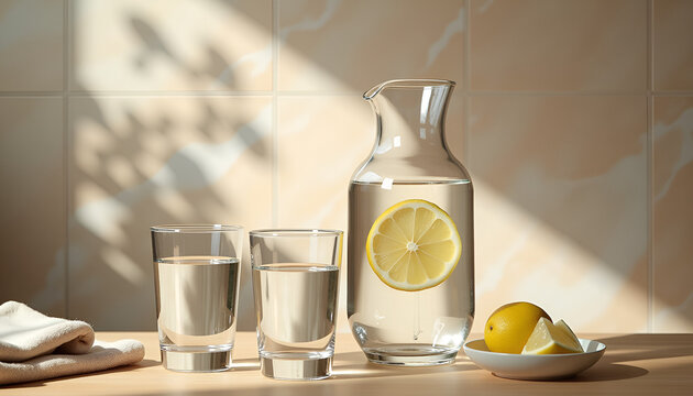 Elegant glass carafe with fresh water and lemon styled with clear glasses, linen and natural oak. Suitable for hydration, wellness and premium kitchen lifestyle concepts