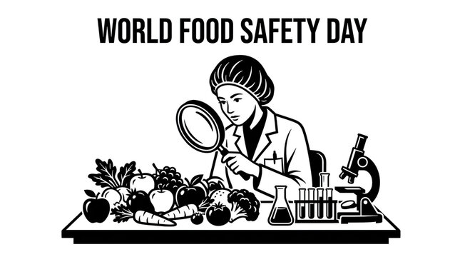 World food safety day illustration featuring scientist examining food samples isolated on transparent background