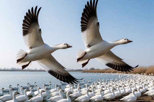 Two snow geese fly above a lake filled with many birds. A large flock rests on shore and water under a clear blue sky. These wild fowl migrate in groups.