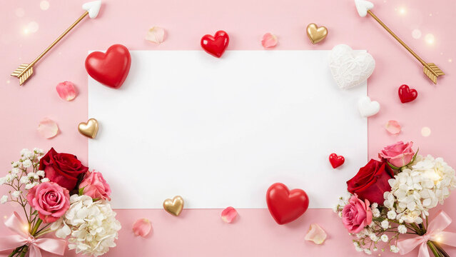 Romantic Valentine card design featuring hearts arrows roses and decorative elements on pink background