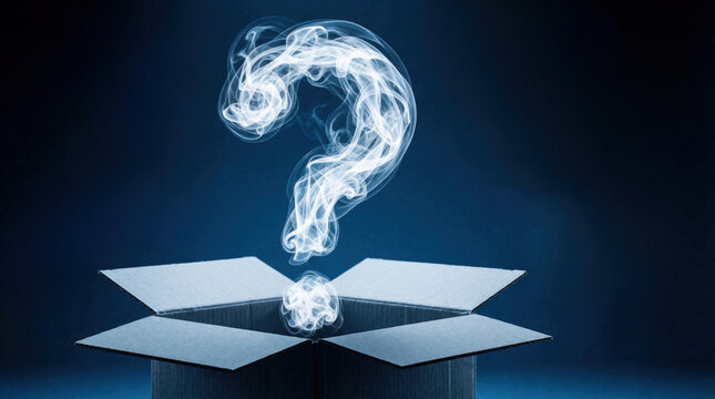 White smoke forms question mark shape rising from open cardboard box. Mystery concept shows unknown answer hidden problem emerging against dark blue background. Creative symbol represents curiosity,