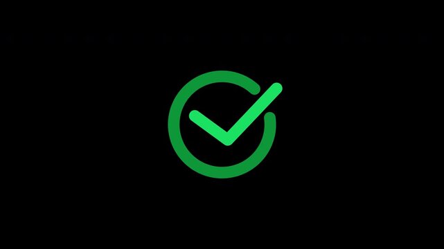 Green checkmark animation with circular outline on a transparent alpha channel. 4K horizontal video.