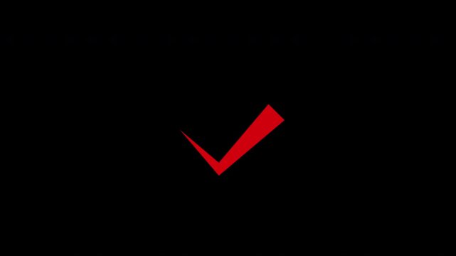 Red checkmark animation on a transparent alpha channel. 4K horizontal video.