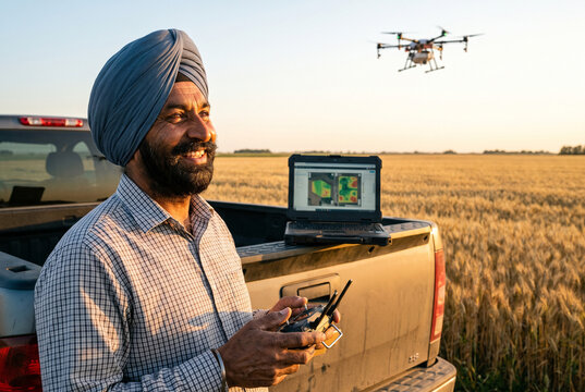 Golden farmland drone monitoring with laptop and pickup truck