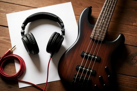 Electric bass guitar with black headphones, white paper sheet on wooden table. Musical instruments, audio equipment lie on brown wood surface. Blank mockup for music notes, song lyrics creative