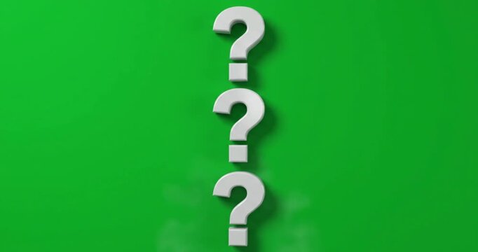 Three 3D white question mark icons arranged vertically on green screen background