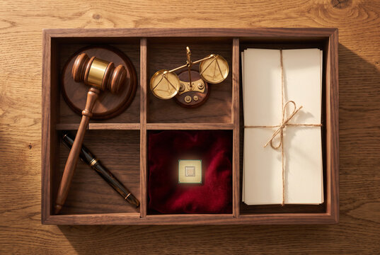 Legal gift box with gavel scales and contract papers