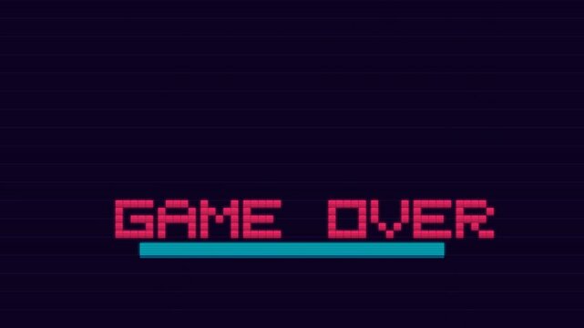 Retro Pixel Art Game Over Animation with Falling Pink Text Blocks on a Dark Minimalist Background